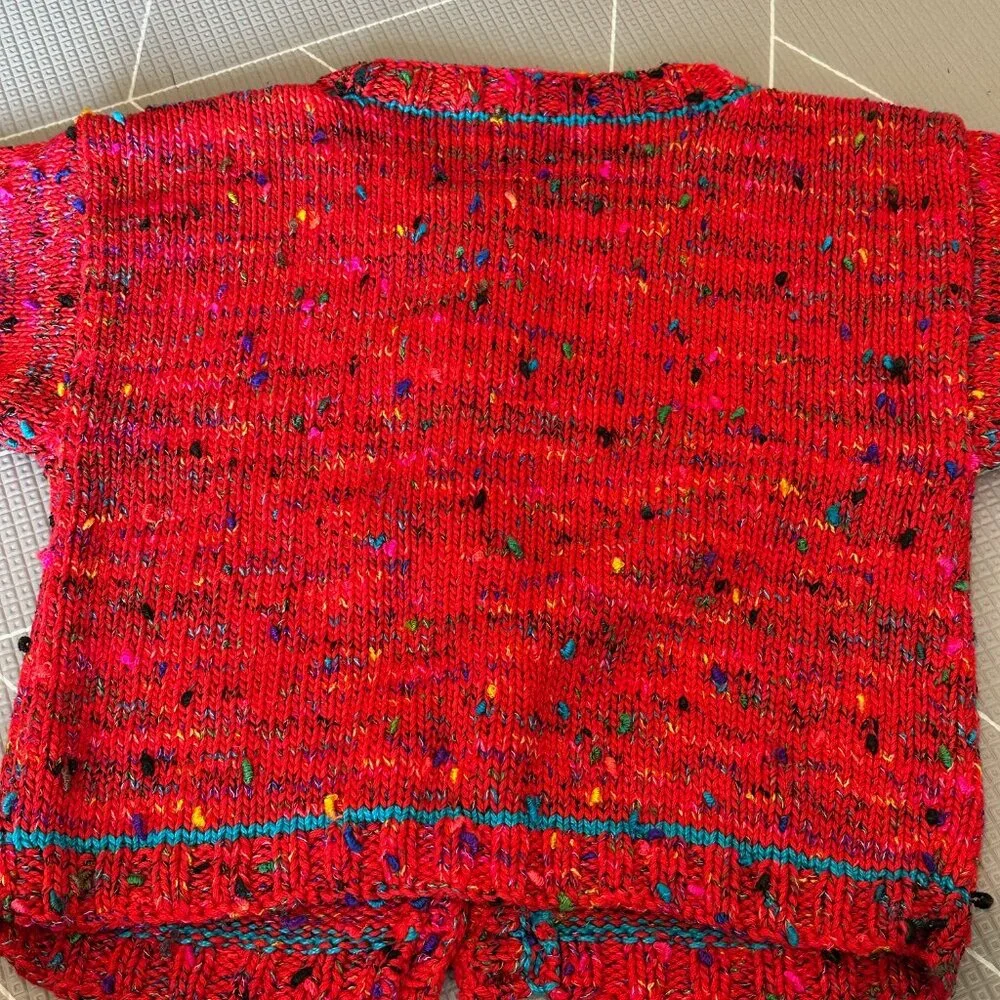 Handknit Kids Red Button-Up Sweater with Multicolor Accents, Size 10 Kids